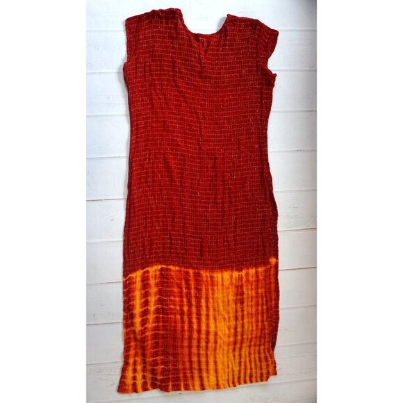 Indian Red Kurti Dress with Gold Embroidery & Tie-Dye Hem - Size M (6/8) - Picture 2 of 3